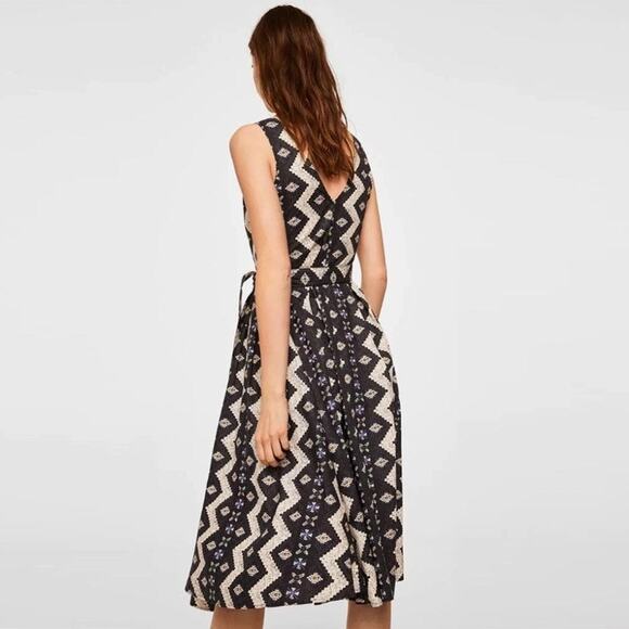 Mango Multicolor Black Aztec Print Sleeveless V-neck Fit & Flare Wrap Dress Sz 6 - Picture 2 of 7